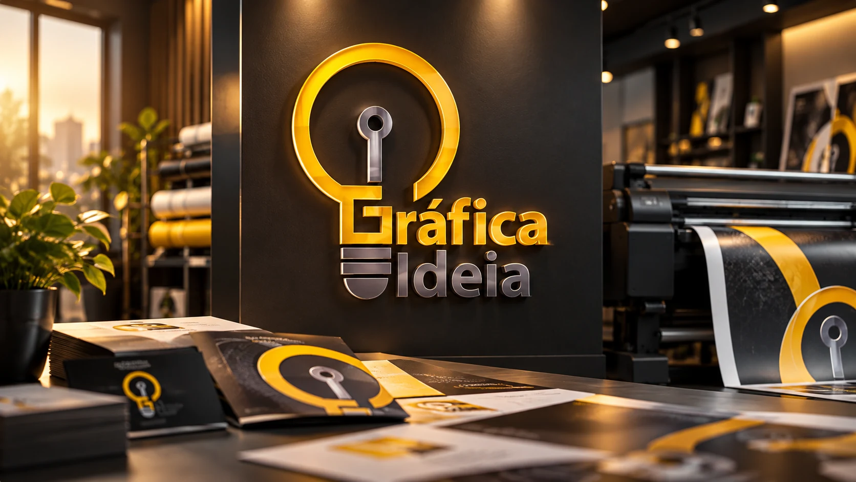 Ambiente gráfico com o logotipo tridimensional da Gráfica Ideia e materiais impressos